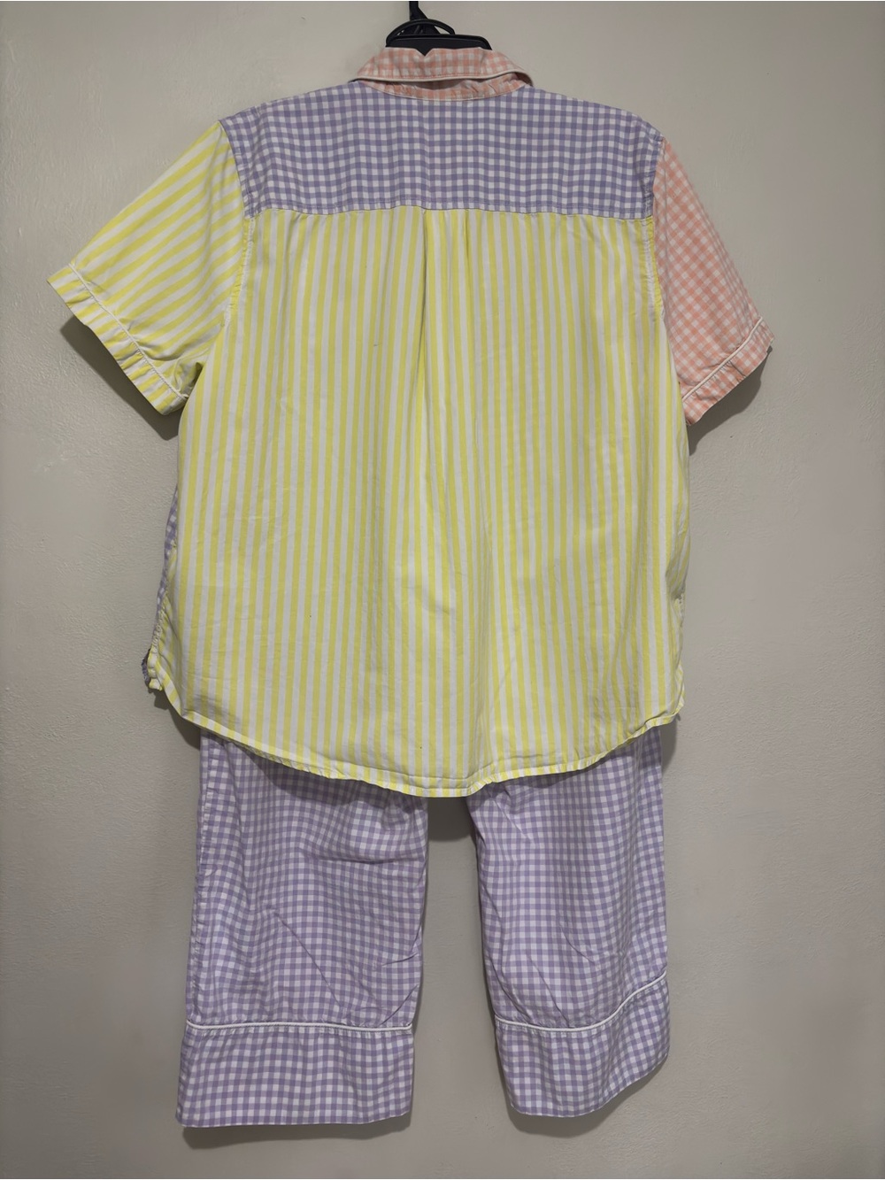 Vintage Lands' End Gingham Stripe Pajama Set Large Yellow Pink Cozy 100% Cotton - Picture 12 of 14